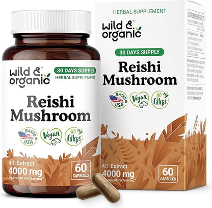 Wild & Organic Reishi Mushroom Capsules 1000 mg - Immune & Energy Support - Red Reishi Mushroom Extract - Ganoderma Lucidum Supplement - 60 Vegan Capsules - 30 Days Supply, Non-GMO, Gluten-Free