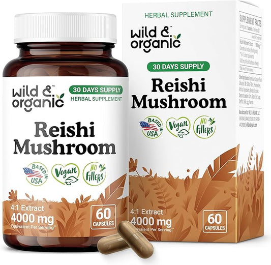 Wild & Organic Reishi Mushroom Capsules 1000 mg - Immune & Energy Support - Red Reishi Mushroom Extract - Ganoderma Lucidum Supplement - 60 Vegan Capsules - 30 Days Supply, Non-GMO, Gluten-Free