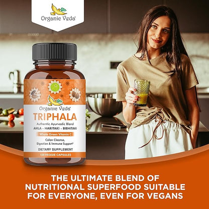 Organic Veda Triphala Capsules - Ultra Concentrated Amla Extract Organic Triphala Supplement with Natural Vitamin C - for Colon Cleanse, Skin Radiance, Immunity & Digestion - 120 Vegan Pills