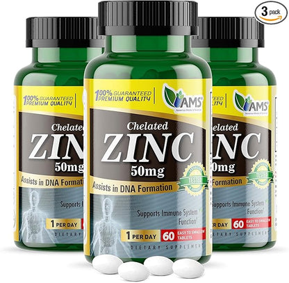 America Medic & Science Chelated Zinc 50 mg Supplements (3 Pack of 60 Tablets) Immune Booster and Powerful Antioxidant Pills for Adults Men and Women | Highly Absorbable Mineral, Improves Mood & Sleep