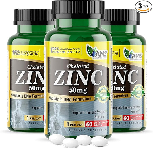 America Medic & Science Chelated Zinc 50 mg Supplements (3 Pack of 60 Tablets) Immune Booster and Powerful Antioxidant Pills for Adults Men and Women | Highly Absorbable Mineral, Improves Mood & Sleep
