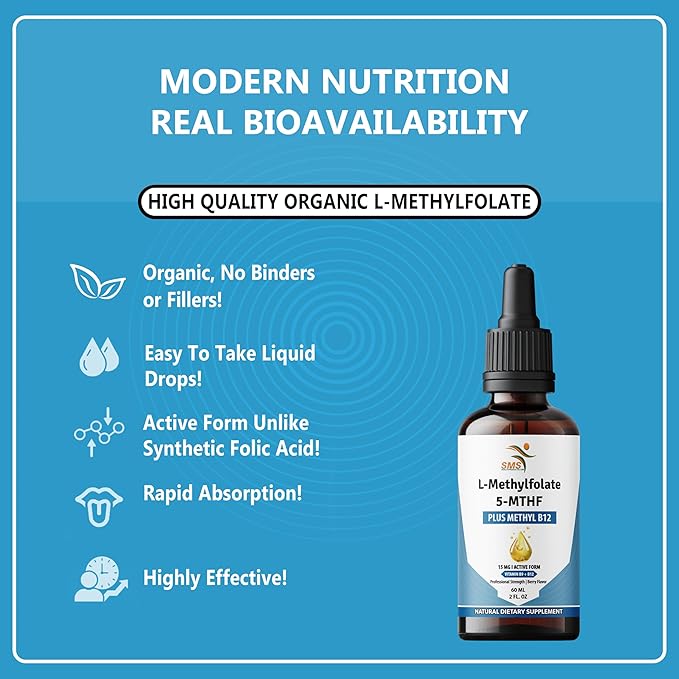 L-Methylfolate 15mg + Methyl B12 Liquid Drops – High Potency Sublingual Formula with Natural Berry Flavor – Active 5-MTHF & Bioactive B12 for Mood, Cognitive Health & Methylation Support (2oz)