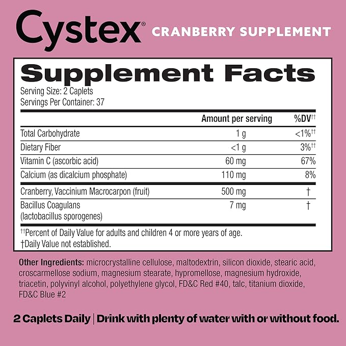 Cystex Cranberry Urinary Tract Health Supplement with Probiotics and Vitamin C, Cranberry Pills for Men & Women to Prevent UTIs, Sugar Free, 75 Caplets