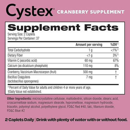 Cystex Cranberry Urinary Tract Health Supplement with Probiotics and Vitamin C, Cranberry Pills for Men & Women to Prevent UTIs, Sugar Free, 75 Caplets