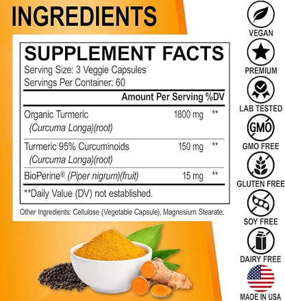 Turmeric Curcumin with BioPerine Supplement Capsules - Support Supplements with 1950mg Curcuma Longa Pure Organic Tumeric and Curcumin BioPerine Black Pepper - 180 Turmeric Pills