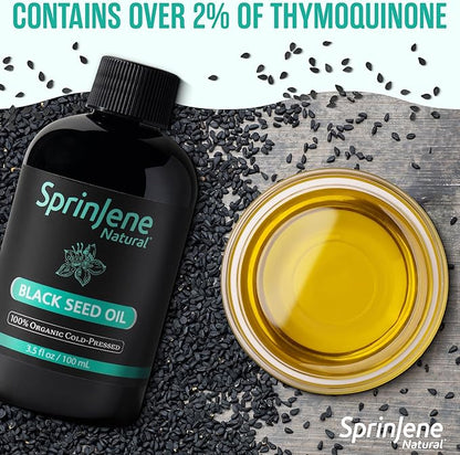 SprinJene Natural® 100% Pure Organic Black Seed Oil Cold Pressed for Oral Wellness, Nigella Sativa Black Seed Oil, Black Cumin Seed Oil Organic, Omega 3 6 9, Nourishes Skin, Supports Joint, 3.5 fl oz