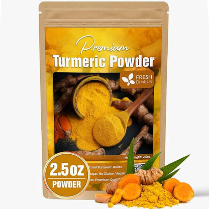 FRESHDRINKUS, Premium 2.5oz Turmeric Powder, 100% Natural & Pure Turmeric Powder, Ground Turmeric Powder, Turmeric Seasoning Root Powder, No Additives, No Gluten, Vegan.