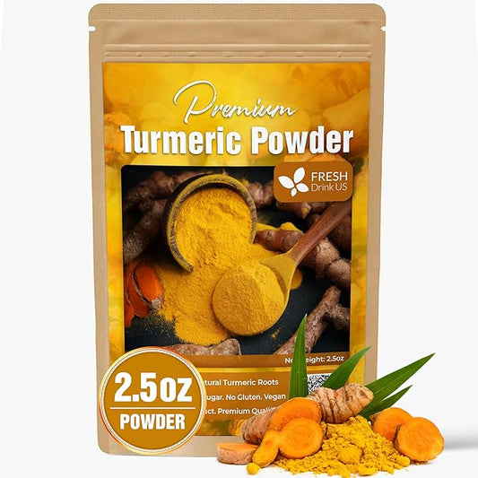 FRESHDRINKUS, Premium 2.5oz Turmeric Powder, 100% Natural & Pure Turmeric Powder, Ground Turmeric Powder, Turmeric Seasoning Root Powder, No Additives, No Gluten, Vegan.