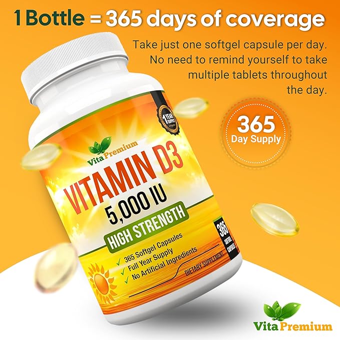 Vitamin D3 5000 IU, 365 Easy-Swallow Softgels, High Strength Vitamin D 5000 IU Supplement - Full Year Supply