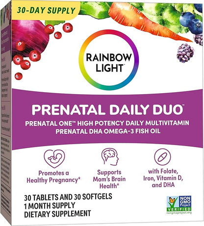 Rainbow Light Prenatal Daily Duo Multivitamin Kit, With Prenatal One Daily Multivitamin and Prenatal DHA Omega-3 Fish Oil for Mom's Health and Baby's Development Support, 30 Count