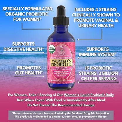 Tropical Oasis USDA Organic Liquid Probiotic for Women | Digestive Support & Gut Health | Liquid Vitamins for Women | 98% Absorption | Vegan, Non-GMO | 40 Servings