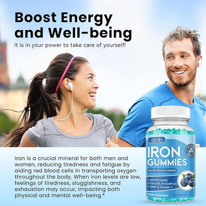 Iron Gummies with Multivitamin, Iron Supplement for Women & Men with Zinc, Vitamin B Complex & C, B12, Folate - Blood Builder & Energy Support for Adults & Kids - Blueberry Flavor, Vegan 60 Gummies