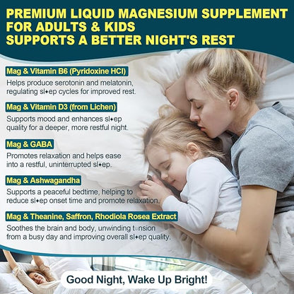 Magnesium Glycinate Liquid Drops for Kids, Adults with GABA, Ashwagandha, L-Theanine, Vitamin D3, B6, Saffron for Brain Calm, Muscle Relaxation, Mood, Zzz- Calm Magnesium Supplement, Vegan, 2 Pack