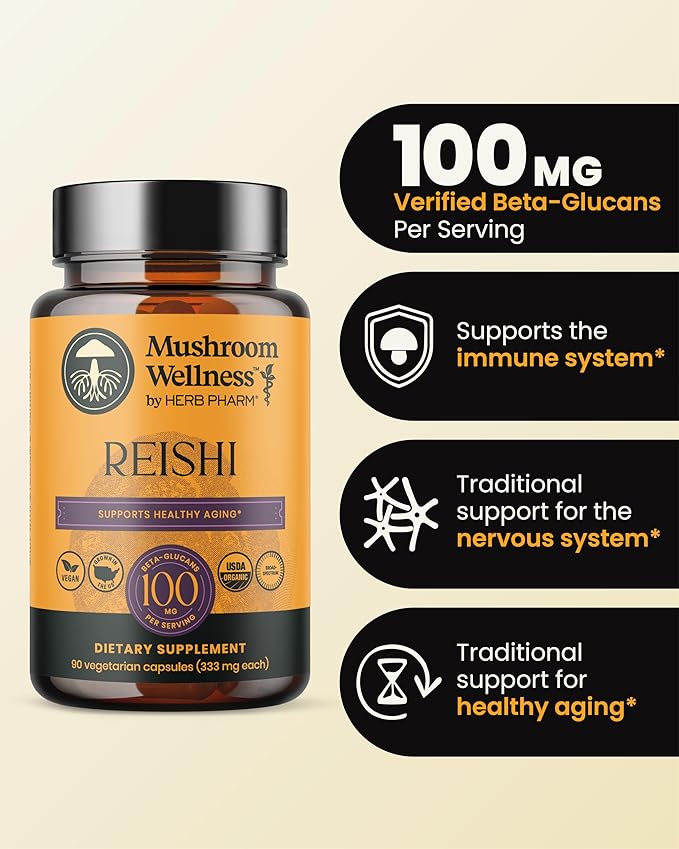 Organic Red Reishi Mushroom Capsules, Reishi Mushroom Powder Supplement, Immune Support, Traditional Nervous System Support & Cardiovascular Health, 90 Vegan Capsules