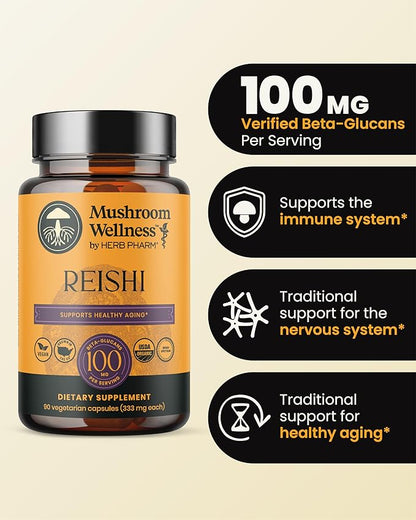 Organic Red Reishi Mushroom Capsules, Reishi Mushroom Powder Supplement, Immune Support, Traditional Nervous System Support & Cardiovascular Health, 90 Vegan Capsules