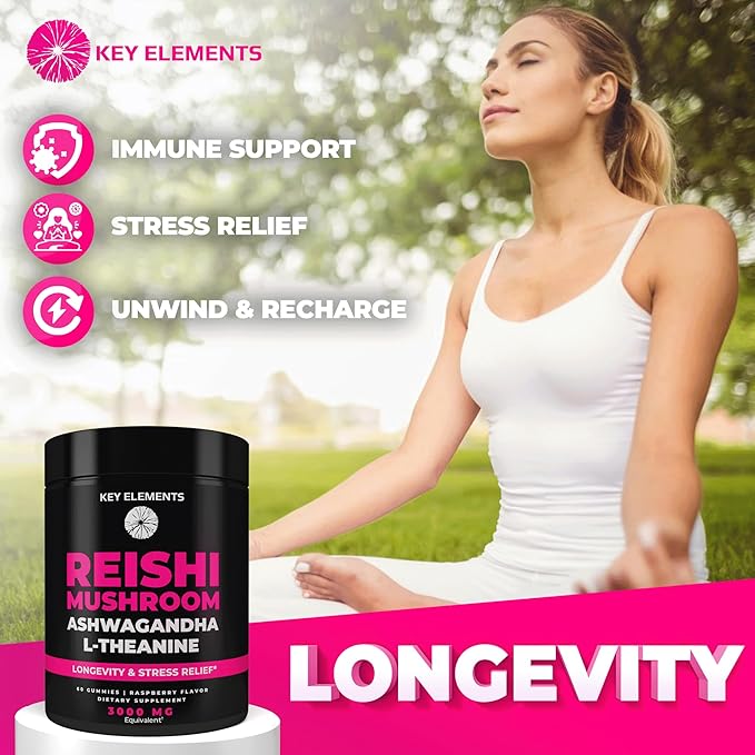 Natural Reishi Mushroom Gummies & L Theanine with Ashwagandha - Potent Mushroom Supplements for Immune Support, Stress Relief & Improve Sleep Gummies - Ashwagandha Gummies for Women & Men