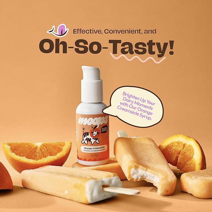 Lactase Enzyme Drops 2oz – Delicious Orange Creamsicle Flavor – 10,000 FCC Units for Fast Acting Dairy Relief – Customizable Dosing for Lactose Intolerance – Portable Twist-to-Lock Pump
