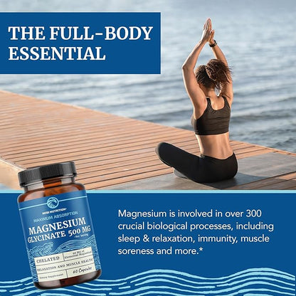 Magnesium Glycinate 500mg | Chelated for High Absorption | Muscle Relaxation, Bones, Heart, Nerve, Sleep & Calm Support for Women & Men | Magnesium Chelate Supplement & Bisglycinate Complex | 60ct