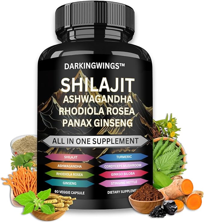 8-in-1 Shilajit 9000 Panax Ginseng 1500MG Ashwagandha 2000MG Rhodiola Rosea 1000MG, Turmeric 500MG, Gingko Biloba 500mg, Stinging Nettle 250MG, Cordyceps Mushroom 500mg for Full Body Power