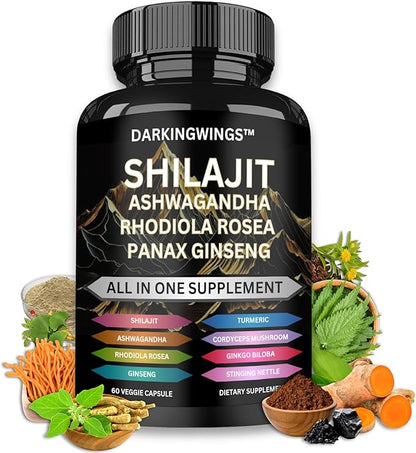 8-in-1 Shilajit 9000 Panax Ginseng 1500MG Ashwagandha 2000MG Rhodiola Rosea 1000MG, Turmeric 500MG, Gingko Biloba 500mg, Stinging Nettle 250MG, Cordyceps Mushroom 500mg for Full Body Power