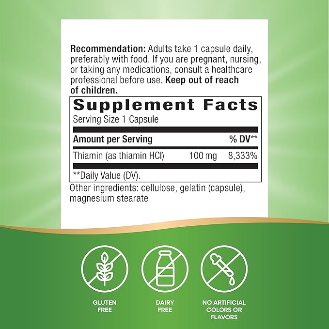 Nature's Way Vitamin B1, High Potency, 100 mg Thiamin per Serving, Thiamin HCl, Supports Energy Metabolism*, Gluten Free, 100 Capsules (Packaging May Vary)