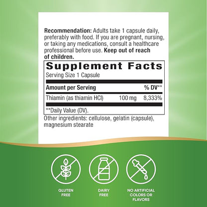 Nature's Way Vitamin B1, High Potency, 100 mg Thiamin per Serving, Thiamin HCl, Supports Energy Metabolism*, Gluten Free, 100 Capsules (Packaging May Vary)