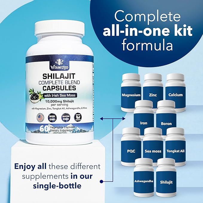 Pure Himalayan Shilajit for Men & Women - Boost Stamina, Athleticism, Support Metabolism & Energy | 10,000mg Shilajit Ashwagandha Supplements + Irish Sea Moss, Tongkat Ali, PQQ & More - 60 Capsules