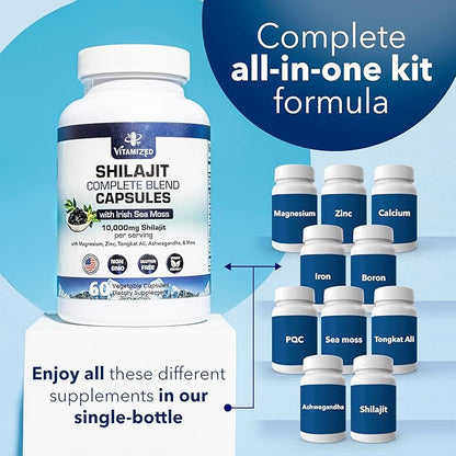 Pure Himalayan Shilajit for Men & Women - Boost Stamina, Athleticism, Support Metabolism & Energy | 10,000mg Shilajit Ashwagandha Supplements + Irish Sea Moss, Tongkat Ali, PQQ & More - 60 Capsules