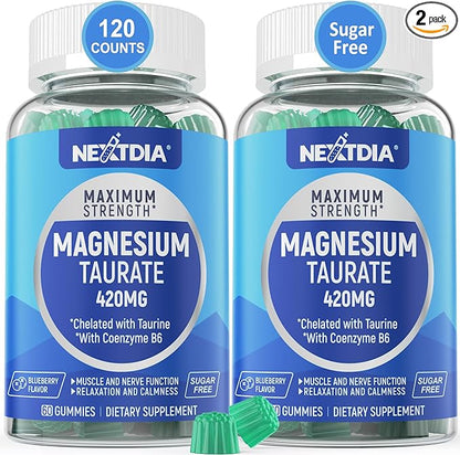 Magnesium Taurate 420mg + Vitamin B6 for Enhanced Absorption, Supporting Hēalthy Hēart, Zzzs, Relaxation, Nerve & Muscle Health – Vegan, Non-GMO, Gluten-Free, Sugar-Free, 2-Pack
