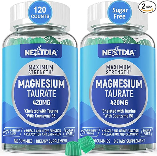 Magnesium Taurate 420mg + Vitamin B6 for Enhanced Absorption, Supporting Hēalthy Hēart, Zzzs, Relaxation, Nerve & Muscle Health – Vegan, Non-GMO, Gluten-Free, Sugar-Free, 2-Pack