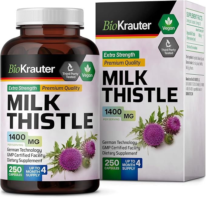 BIO KRAUTER Milk Thistle Capsules 1400 mg - 250 Count - Liver Detox & Cleanse Supplement - Vegan Silymarin Capsules - Milk Thistle Powder - Non GMO