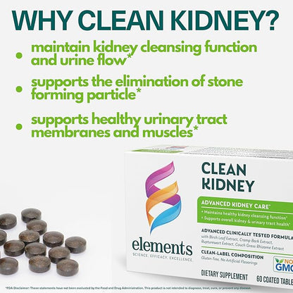 Elements Clean Kidney, 60 Tablets (30 Day Supply), Advanced Kidney Care Supplement, Supports Kidney and Urinary Tract Health and Normal Kidney Function, Gluten Free,