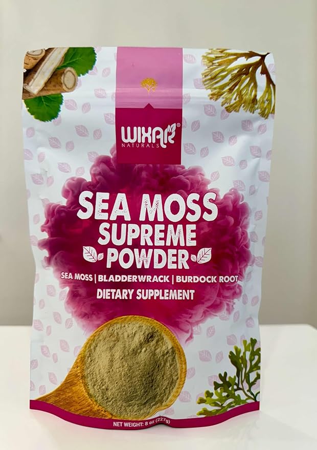 Wixar Wildcrafted Sea Moss Powder – (8 Ounces) – Natural Irish Sea Moss and Bladderwrack with Burdock Powder - Thyroid Support, Healthy Skin, Keto Detox, Joint Support Alkaline Supplements