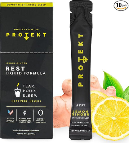 GABA L Theanine Supplement | Melatonin-Free Sleep Aid for Adults | Valerian Root for Night Support & Restful Sleep | GABA Calm Liquid Drink Mix for Adults | Lemon Ginger, Pack of 10
