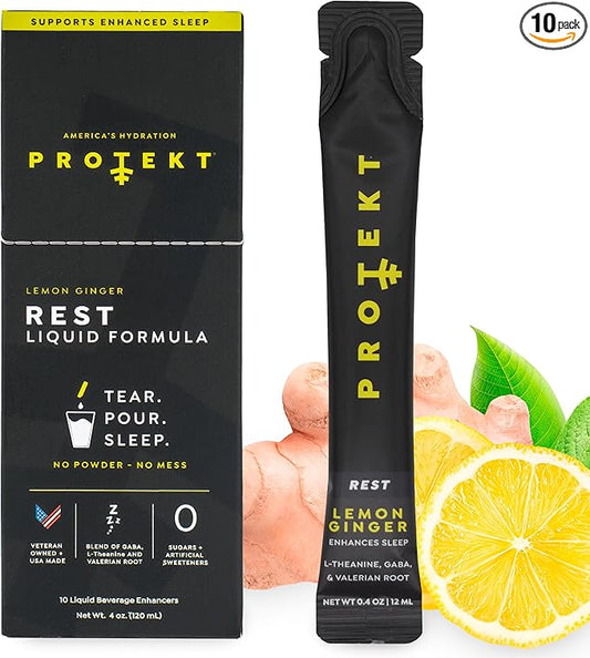 GABA L Theanine Supplement | Melatonin-Free Sleep Aid for Adults | Valerian Root for Night Support & Restful Sleep | GABA Calm Liquid Drink Mix for Adults | Lemon Ginger, Pack of 10