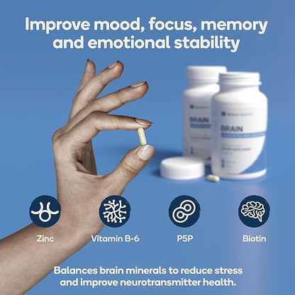 Brain - Balanced Neurotransmitter Support Supplement - Zinc, B6, Biotin for Cognitive Function - 90 Veggie Capsules (Brain)
