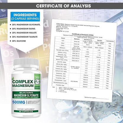 Magnesium Complex Capsules 500MG Blend with Glycinate L-threonate Taurate Malate and Glucose - 90