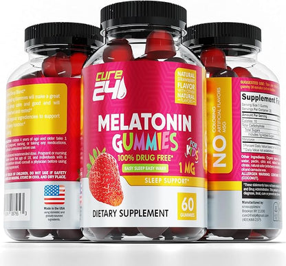 Kids Melatonin Gummy, Effective 1MG Sleep Gummies Supplement for Children 3+, Drug-Free, Natural Fruity Strawberry Flavor, Made in USA
