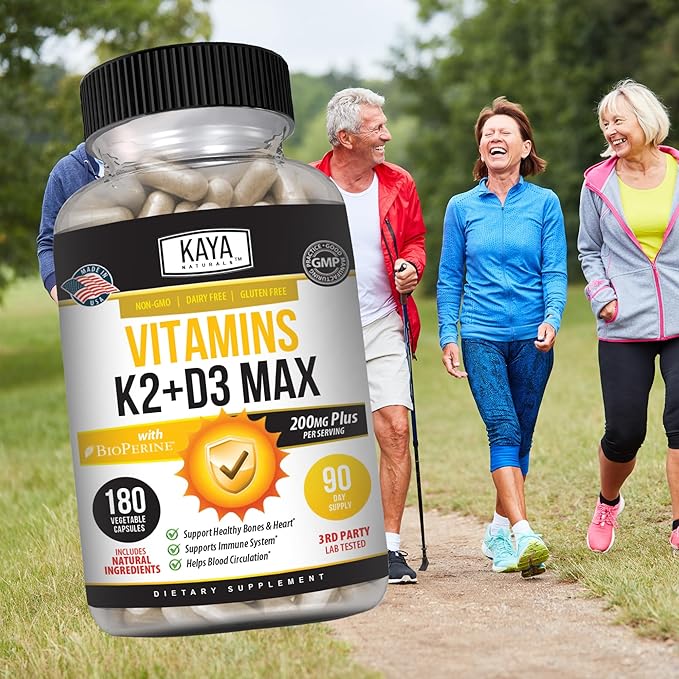 Kaya Naturals Vitamins K2 with D3 5000IU Supplement for Men and Women - Easy to Swallow - Bioperine Capsules (180 Count (Pack of 1)