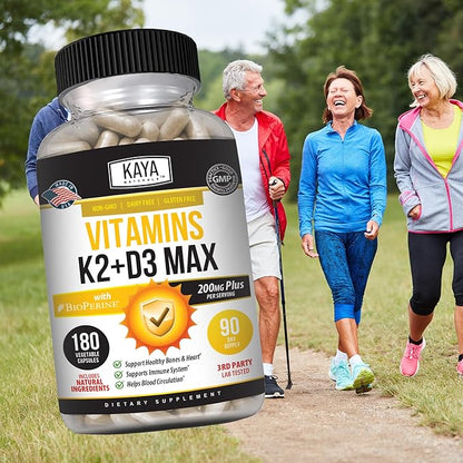 Kaya Naturals Vitamins K2 with D3 5000IU Supplement for Men and Women - Easy to Swallow - Bioperine Capsules (180 Count (Pack of 1)
