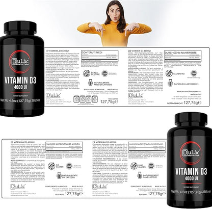 Dulàc - Vitamin D3 4000 IU Supplement, Promotes Calcium & Phosphorus Absorption, Supports Bones, Teeth, Muscles & Immune System, 365 Tablets, Made in Italy