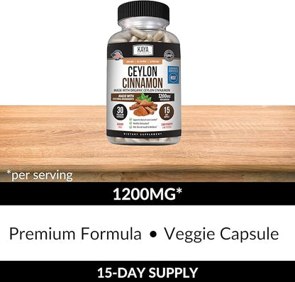 Kaya Naturals Ceylon Cinnamon Supplement | 1200mg per Serving, Vegan - Non-GMO & Gluten Free - 30 Capsules