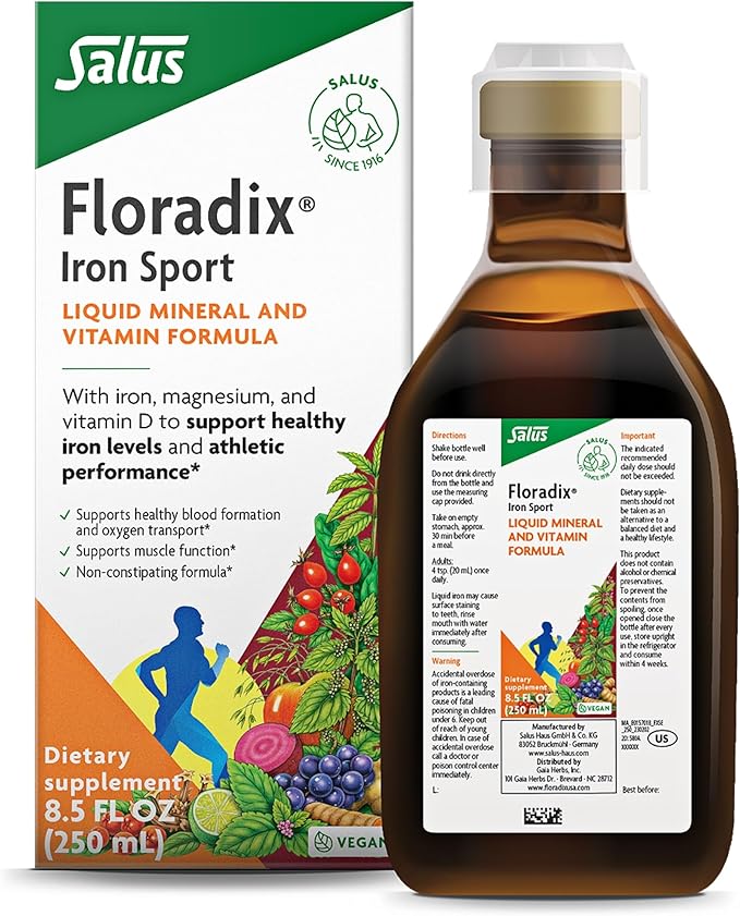 Floradix Iron Sport Liquid Mineral & Vitamin Formula - Daily Vitamin for Nutritional & Energy Support - Sports Nutrition with Iron, B Vitamins & More - Vegan & Non-GMO - 8.5 fl oz