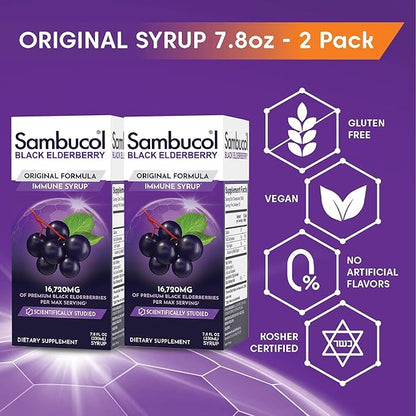 Sambucol Black Elderberry Syrup - Sambucus Syrup, Black Elderberry Liquid, Immune Support for Kids and Adults, High Antioxidants, Gluten Free - Original Formula, 7.8 Fl Oz, 2-Pack