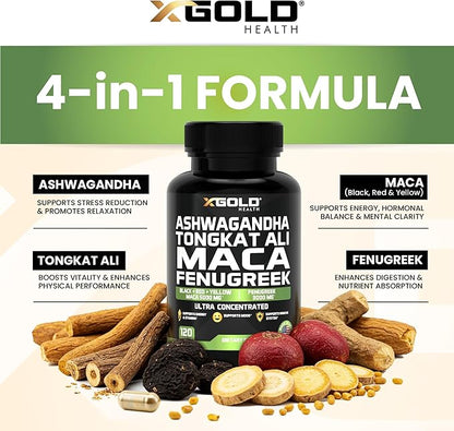 Ashwagandha 5000mg + Tongkat Ali 1000mg + Maca Root 5000mg + Fenugreek 3000mg Supplement | Black + Red + Yellow Maca Root Extract & Fenugreek Herbal Supplements for Men & Women - Made in USA