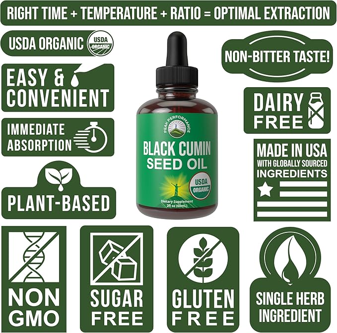 USDA Organic Black Seed Oil Liquid Drops Supplement. Vegan Black Cumin Seed Oil For Women & Men. Zero Sugar, Non Bitter. For Immune, Digestive + Respiratory Support. High Bioavailability, Gluten Free