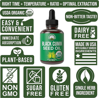 USDA Organic Black Seed Oil Liquid Drops Supplement. Vegan Black Cumin Seed Oil For Women & Men. Zero Sugar, Non Bitter. For Immune, Digestive + Respiratory Support. High Bioavailability, Gluten Free