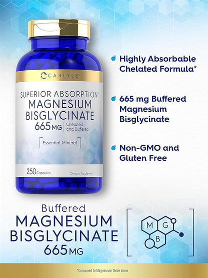 Carlyle Buffered Magnesium Bisglycinate 665 mg | 250 Capsules | Chelated Essential Mineral | Non-GMO and Gluten Free Supplement