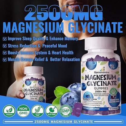Magnesium Glycinate Gummies 2500mg - Sugar Free Magnesium Potassium Supplement with Vitamin D, B6, CoQ10 for Calm Mood & Sleep Support - 90 Blueberry Gummies