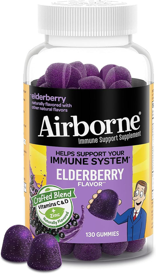 Airborne Elderberry + Zinc & Vitamin C Gummies for Adults, Immune Support Vitamin D & Zinc Gummies with Powerful Antioxidant Vitamins C D & E - 130 Gummies, Elderberry Flavor